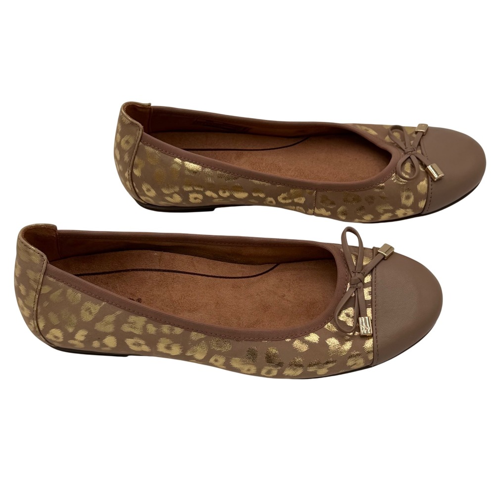 Vionic Minna Ballet Flats Tan Gold Metallic Leopard Print Orthopedic Shoes 8